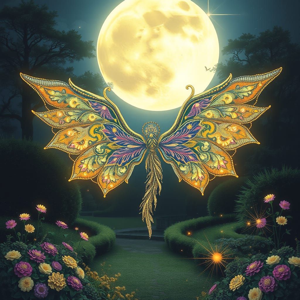 Luminous Embroidered Fantasy Wings in Moonlit Gardens