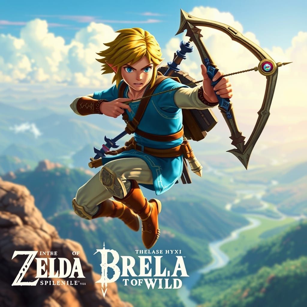 Link Mid-Jump in Breath of the Wild Landscape