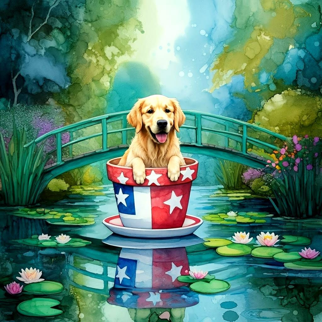 Golden Retriever Floats in Vibrant Flowerpot Pond, Near a Mo...