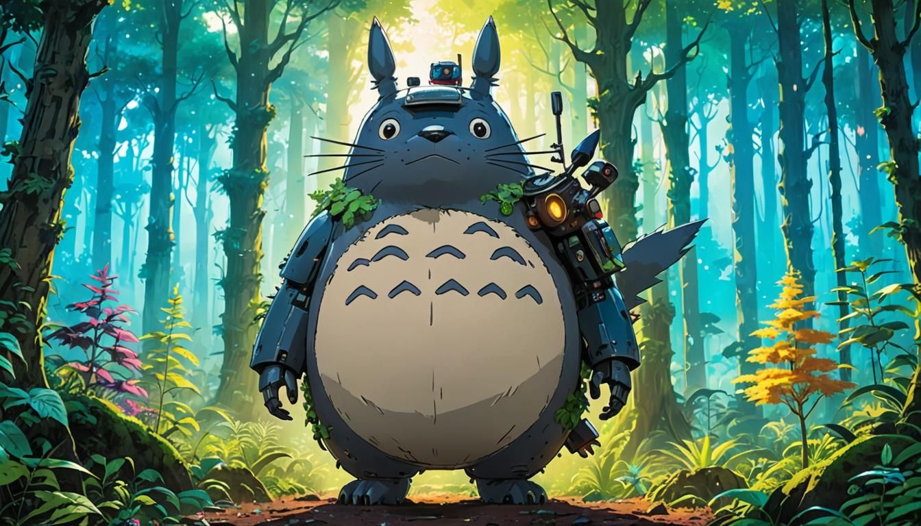 Totoro Robot in Solarpunk Forest: Anime Concept Art