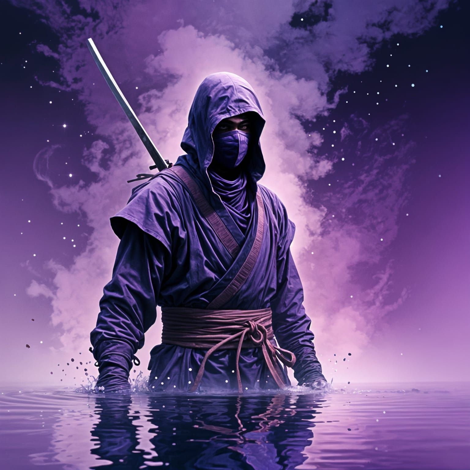 Ninja in Purple Gi Emerging from Misty Nebula