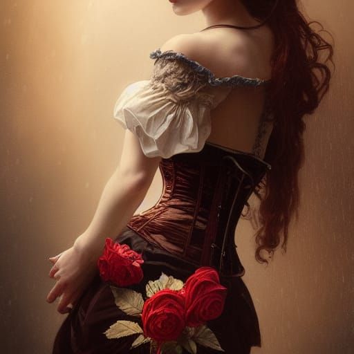 Renaissance Woman with Roses and Porcelain Skin