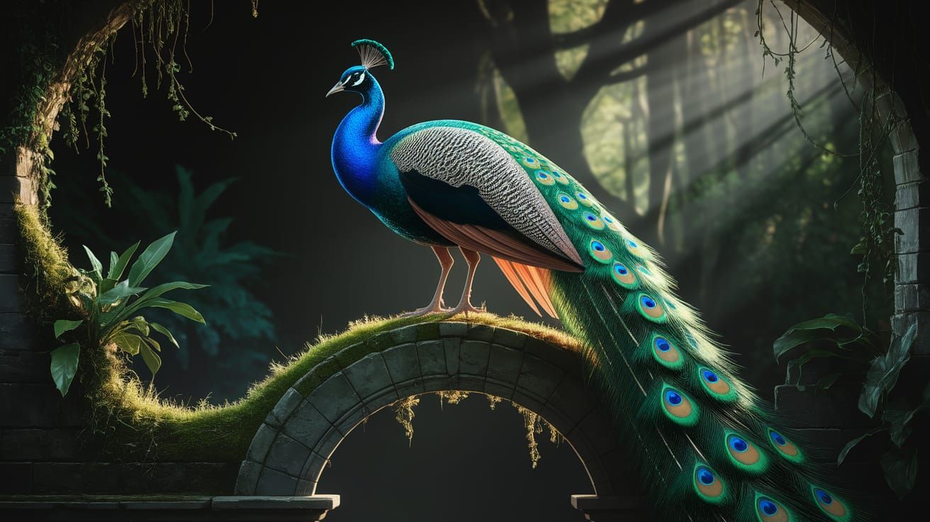 Majestic Peacock on Ancient Archway in Jungle Light