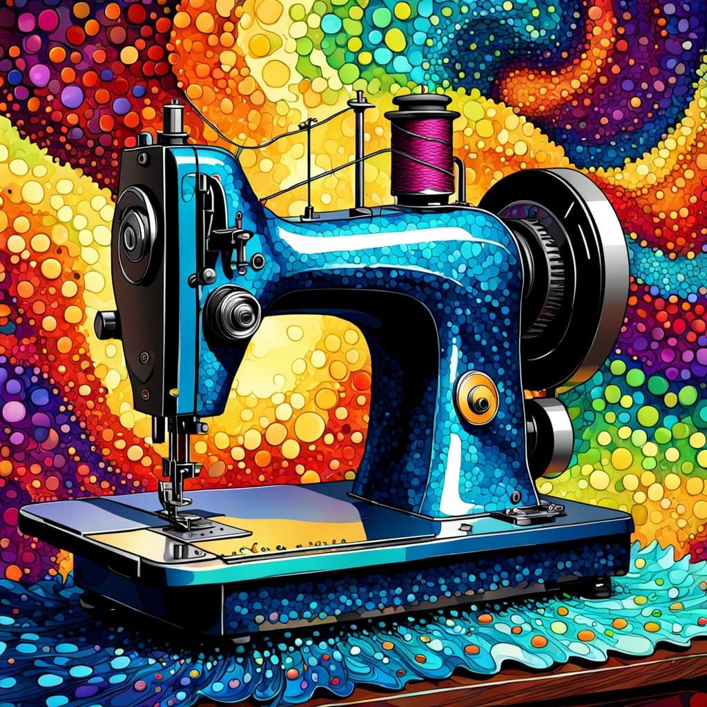 Vibrant Pop Art Sewing Machine in Kinetic Abstraction