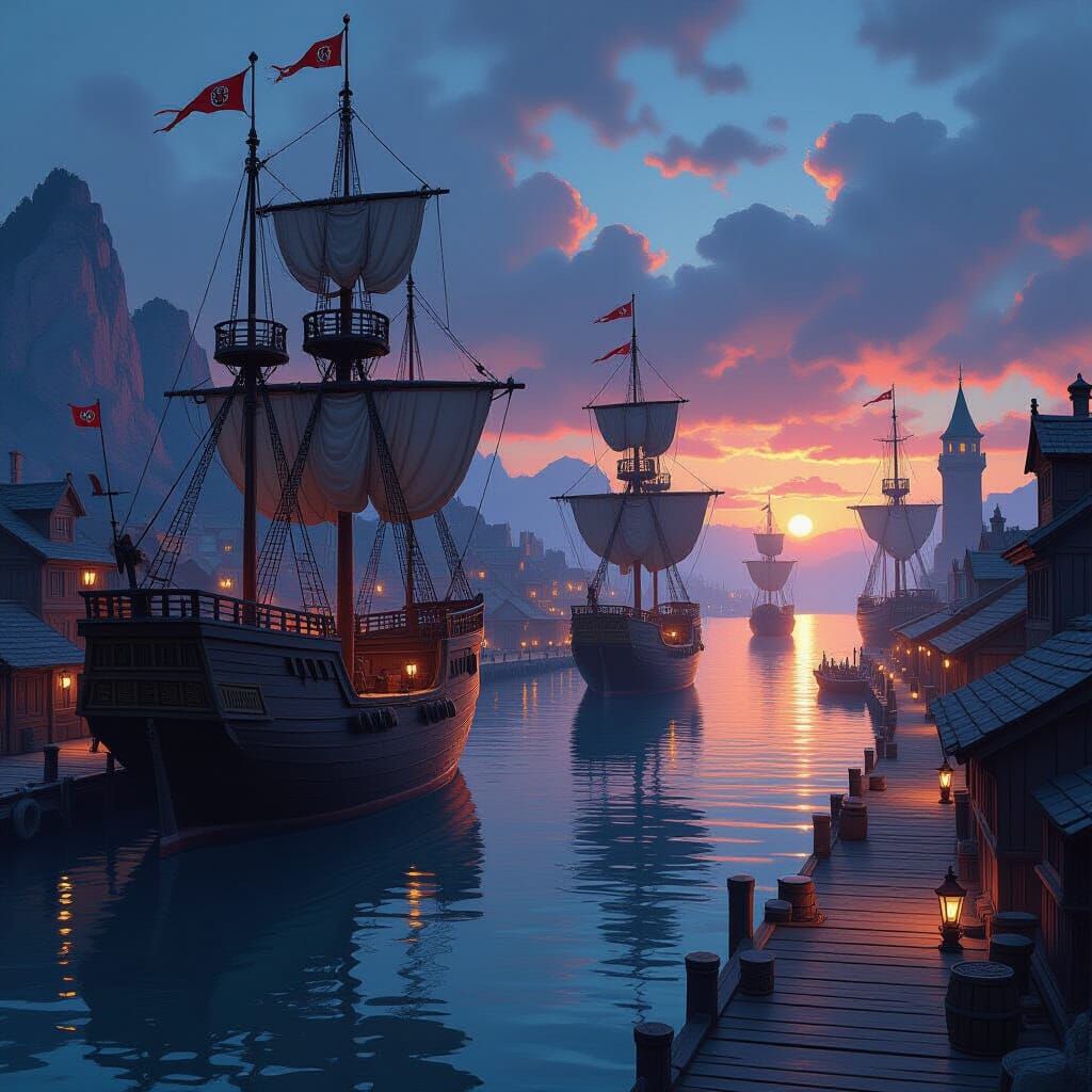 Imperial Port Cityscape at Twilight with Galleons