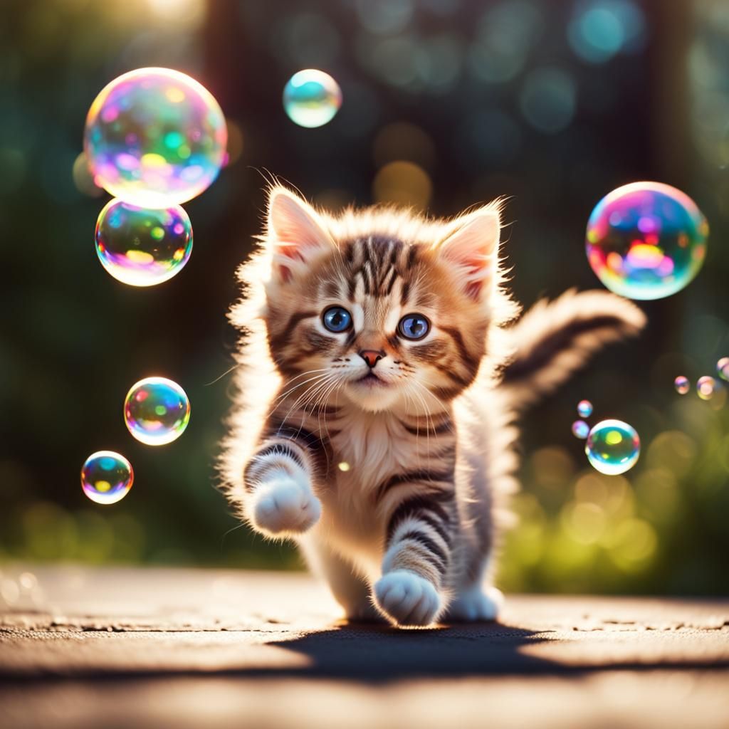 Fluffy Kitten Chasing Bubbles: Professional Photography