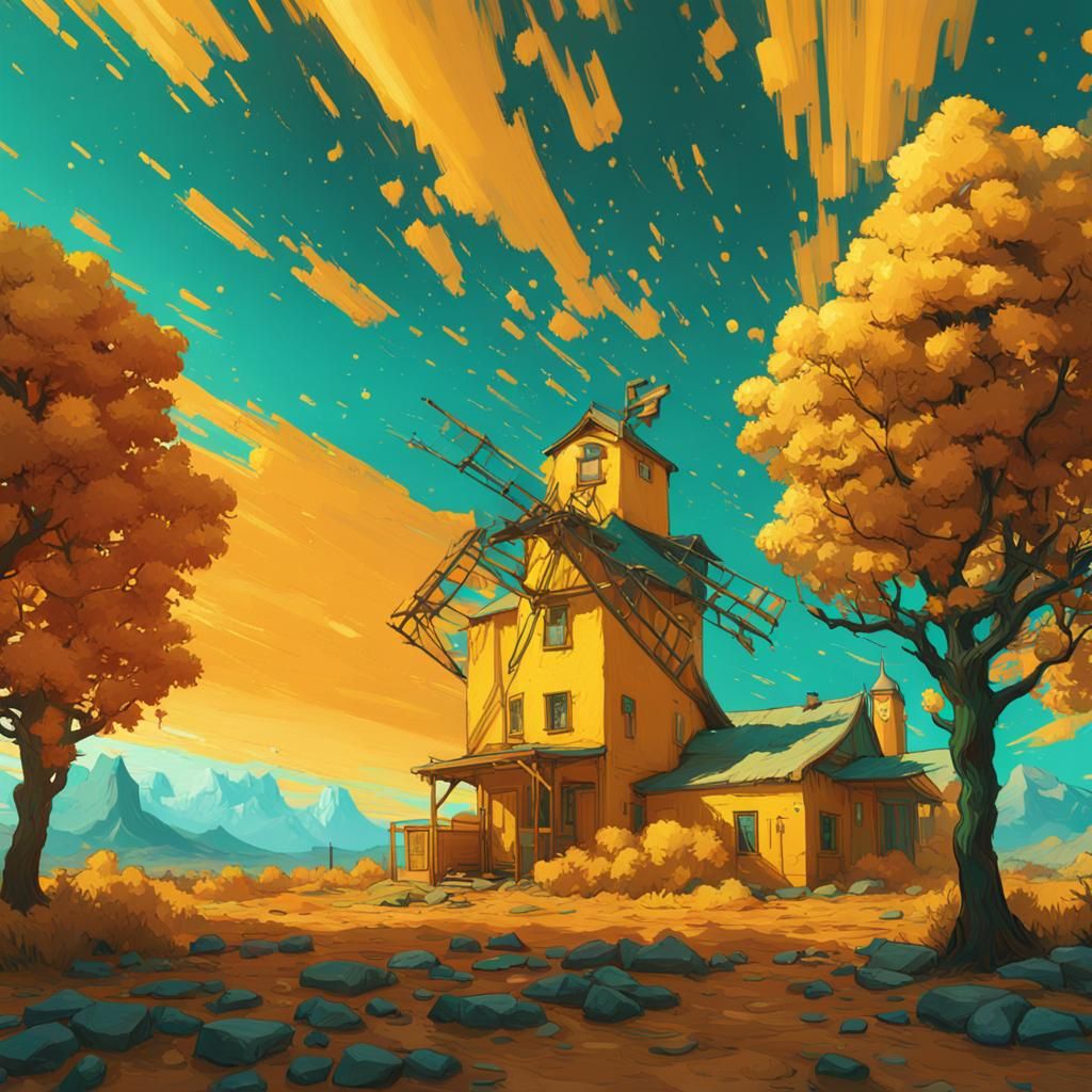 Sunset Windmill in Post-Impressionist Style