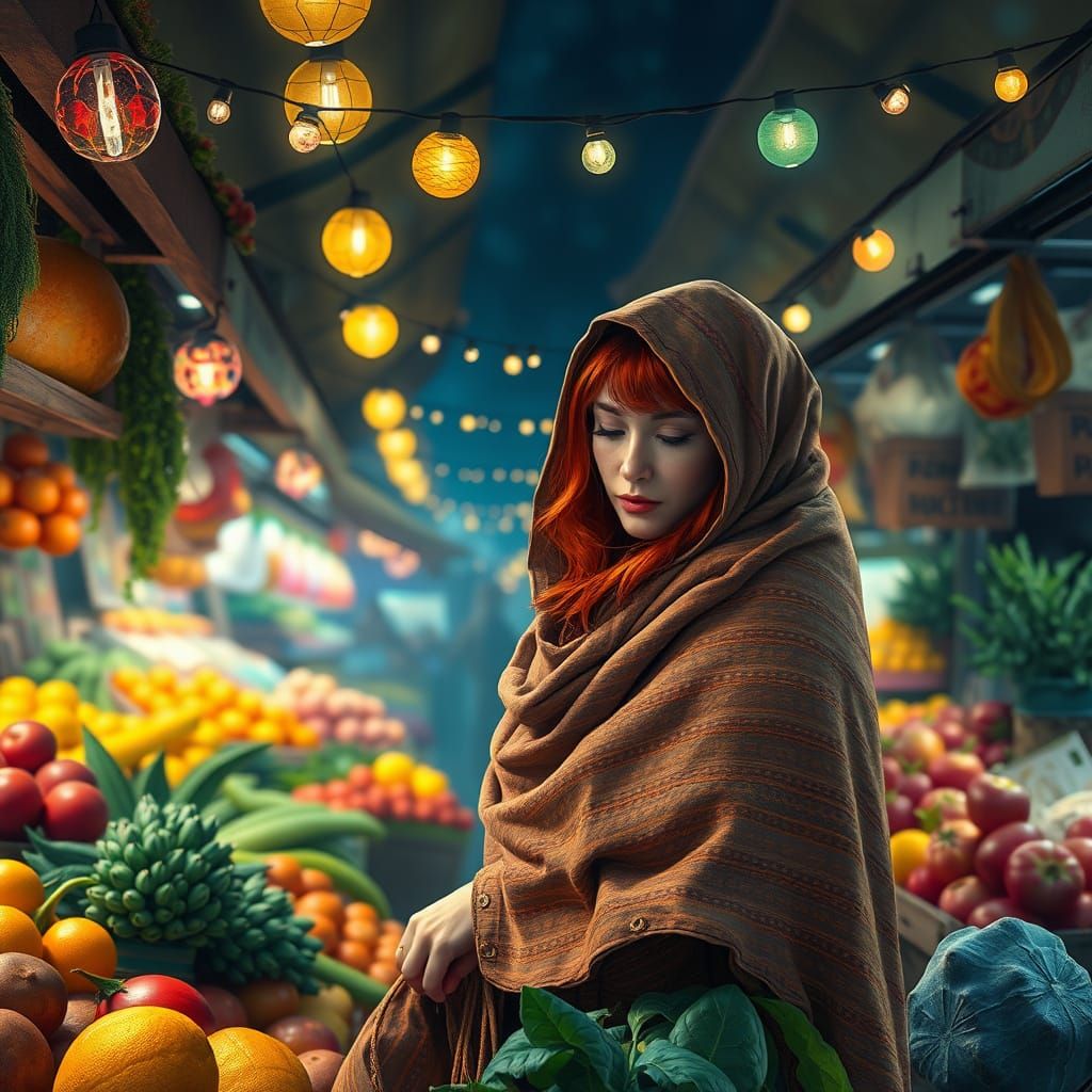 Whimsical Tradwife in a Vibrant Organic Night Market