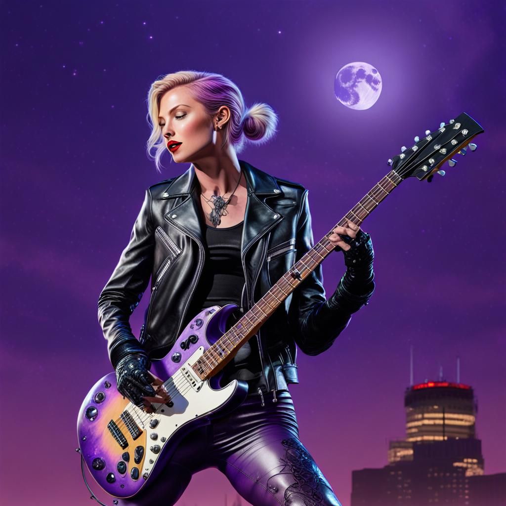 Inked Rockstar Under Purple Moon: Hyperrealistic Image