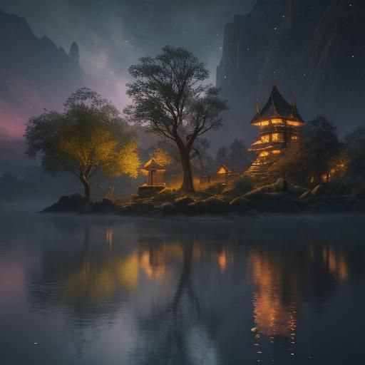 Mystical Tree Towers Over Riverside Village