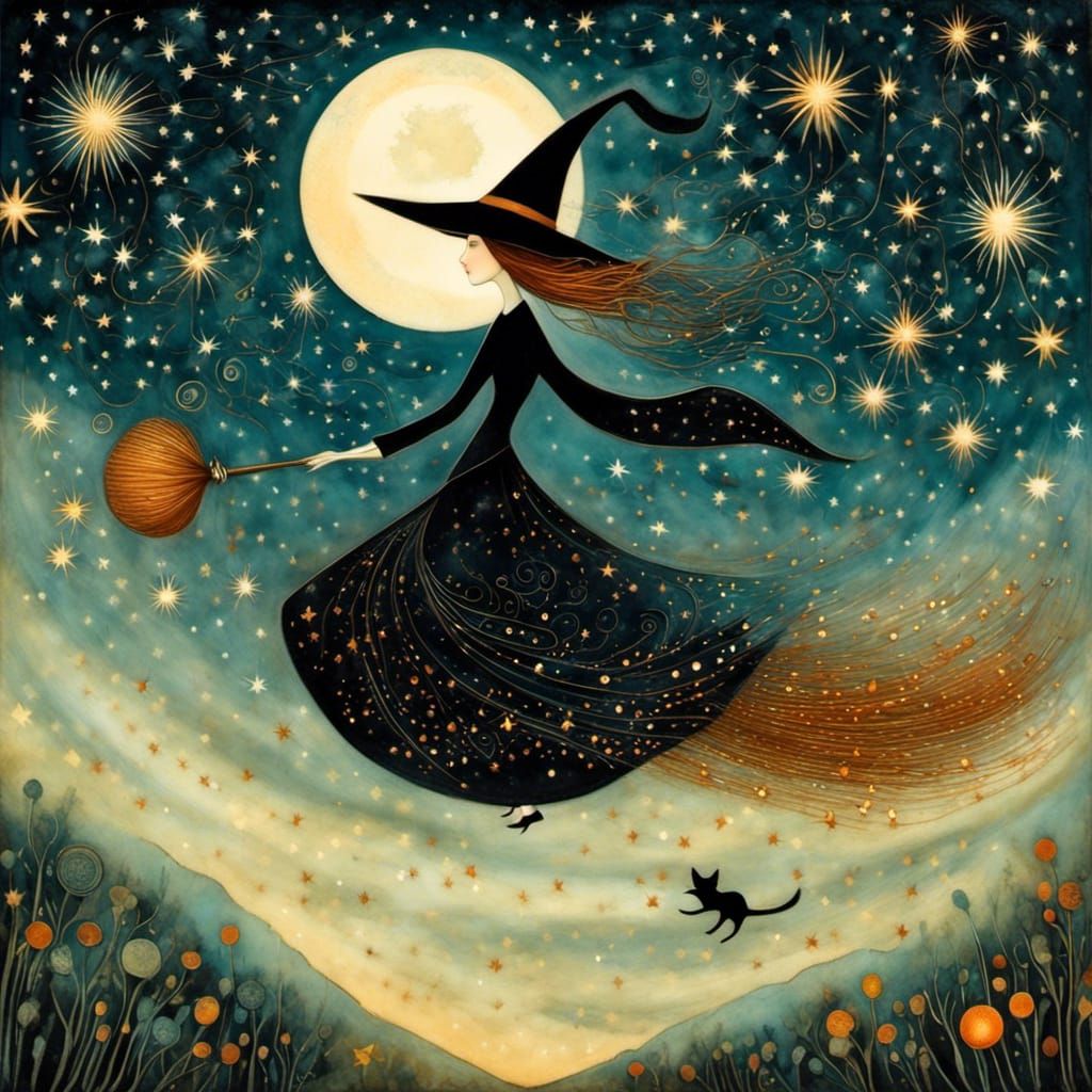 Whimsical Witch Flying on Broom in Art Brut Style