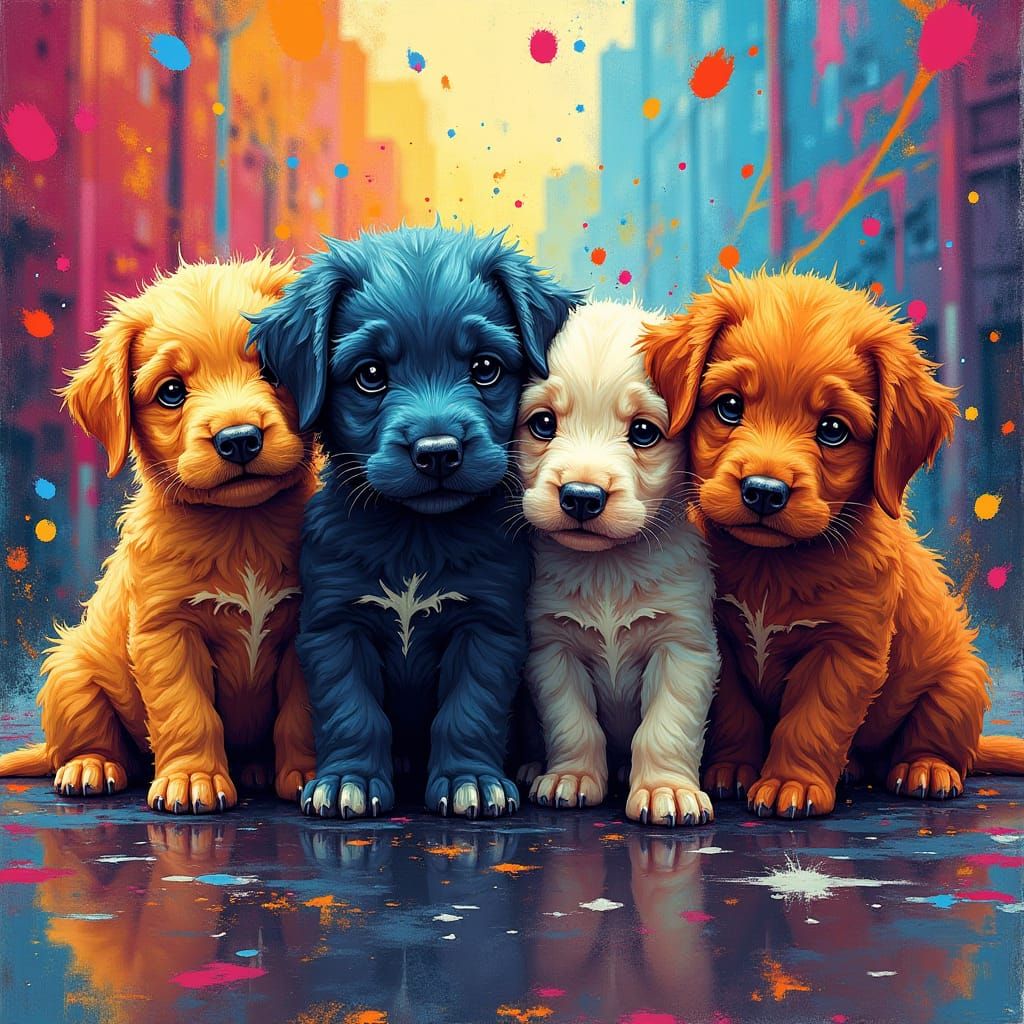 Playful Puppies in Abstract Graffiti Cityscape