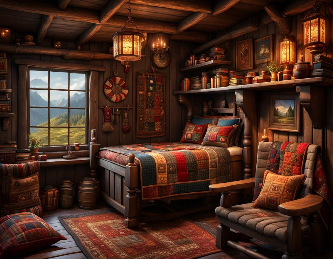 Cozy Patchwork Cabin Interior in Detailed Matte Painting