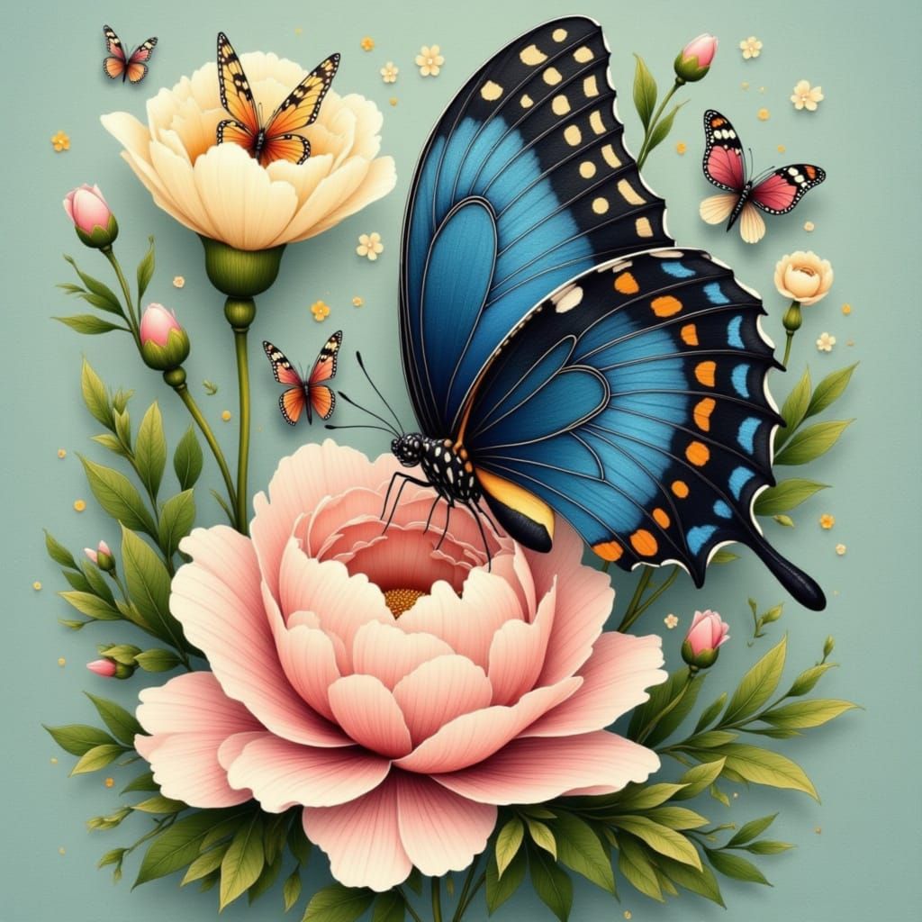 Hyperrealistic Butterfly on Vintage Peonies, Botanical Style