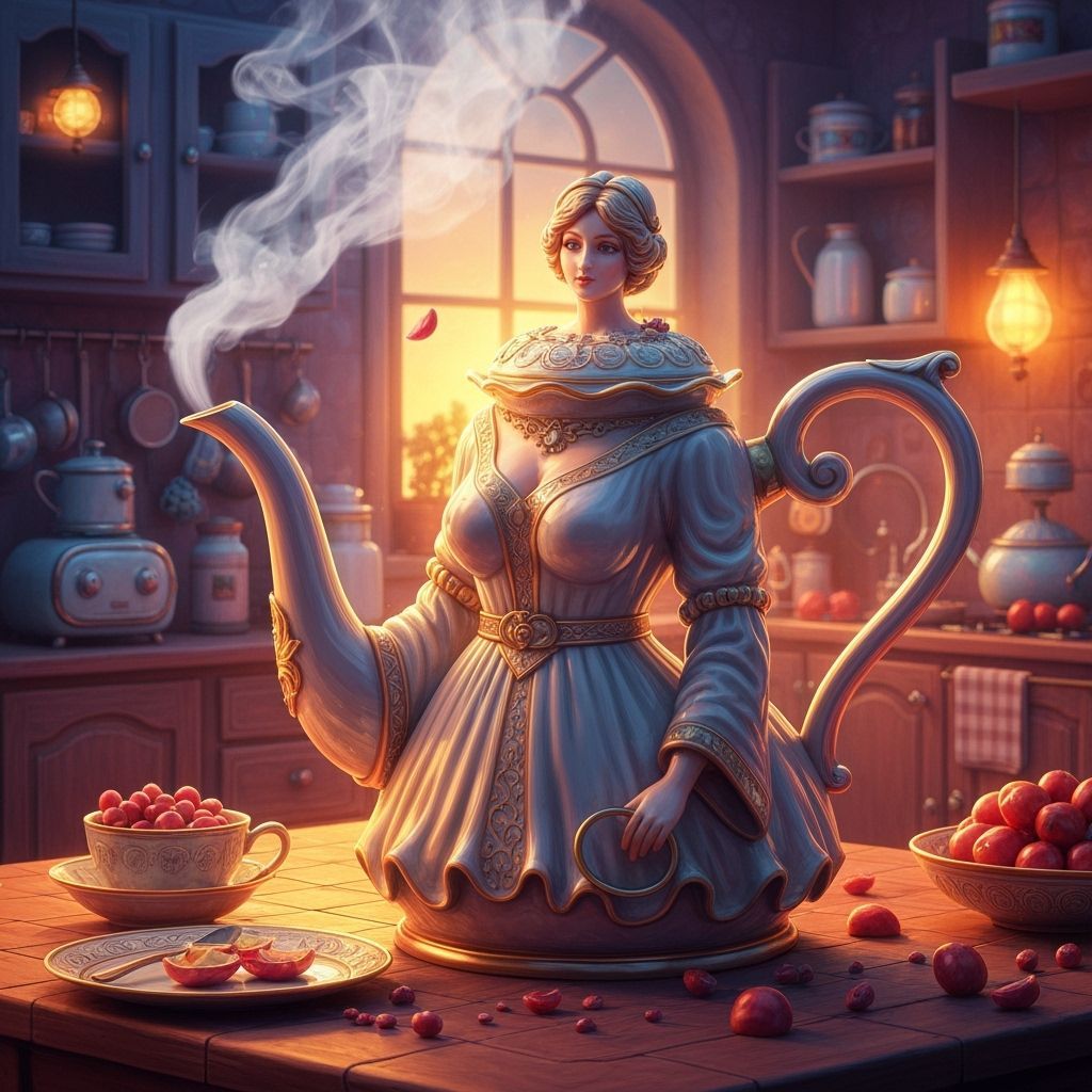Steaming Teapot Shaped Like a Beautiful Lady in Magical Kitc...