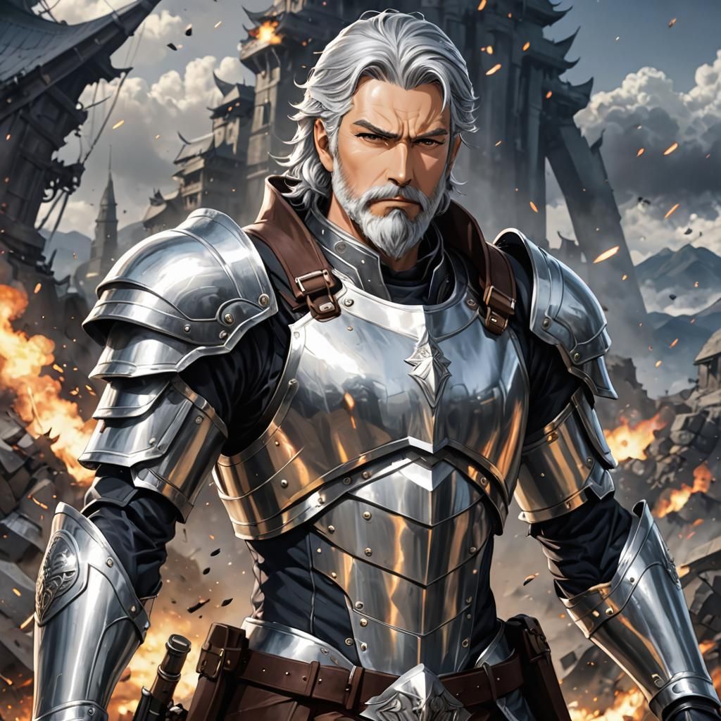 Bearded Knight in Silver Armor, Anime Style