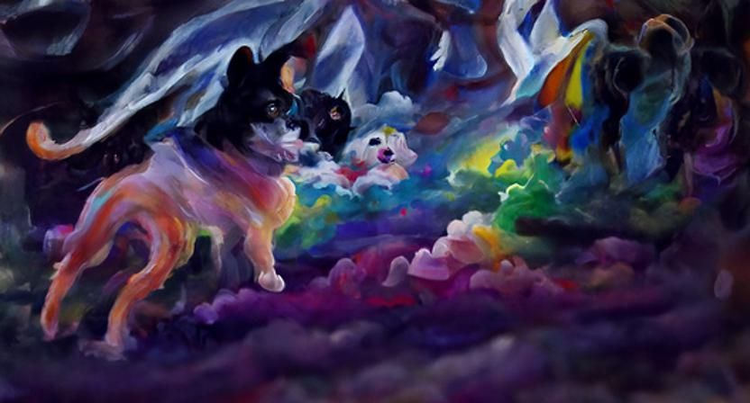 Cats and dogs and clouds and rainbows heavenly sunshine beam...