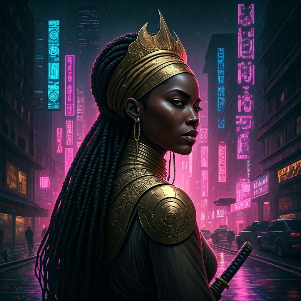 Cyberpunk Queen with Katana in Neon Cityscape