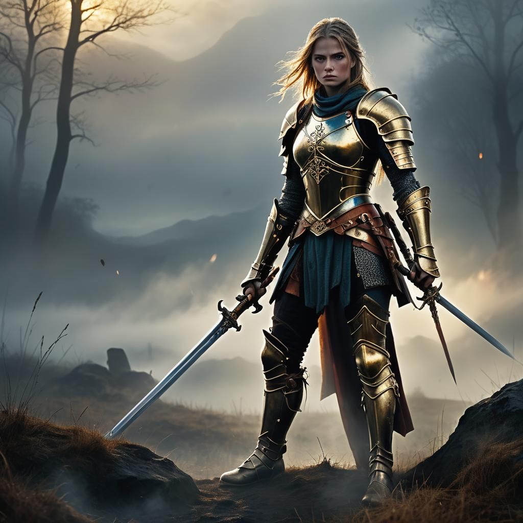 Female Warrior in Misty Battlefield: Epic Fantasy Art