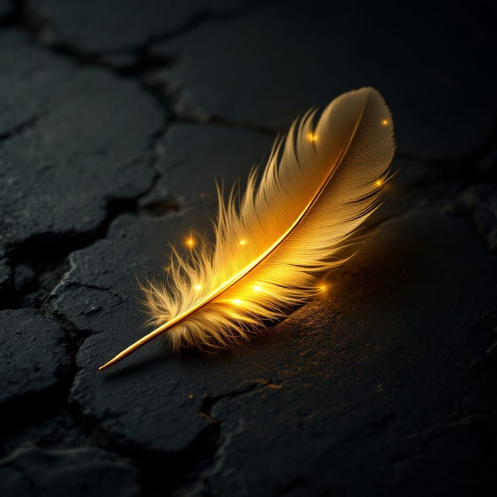 Golden Feather on Dark Stone Surface