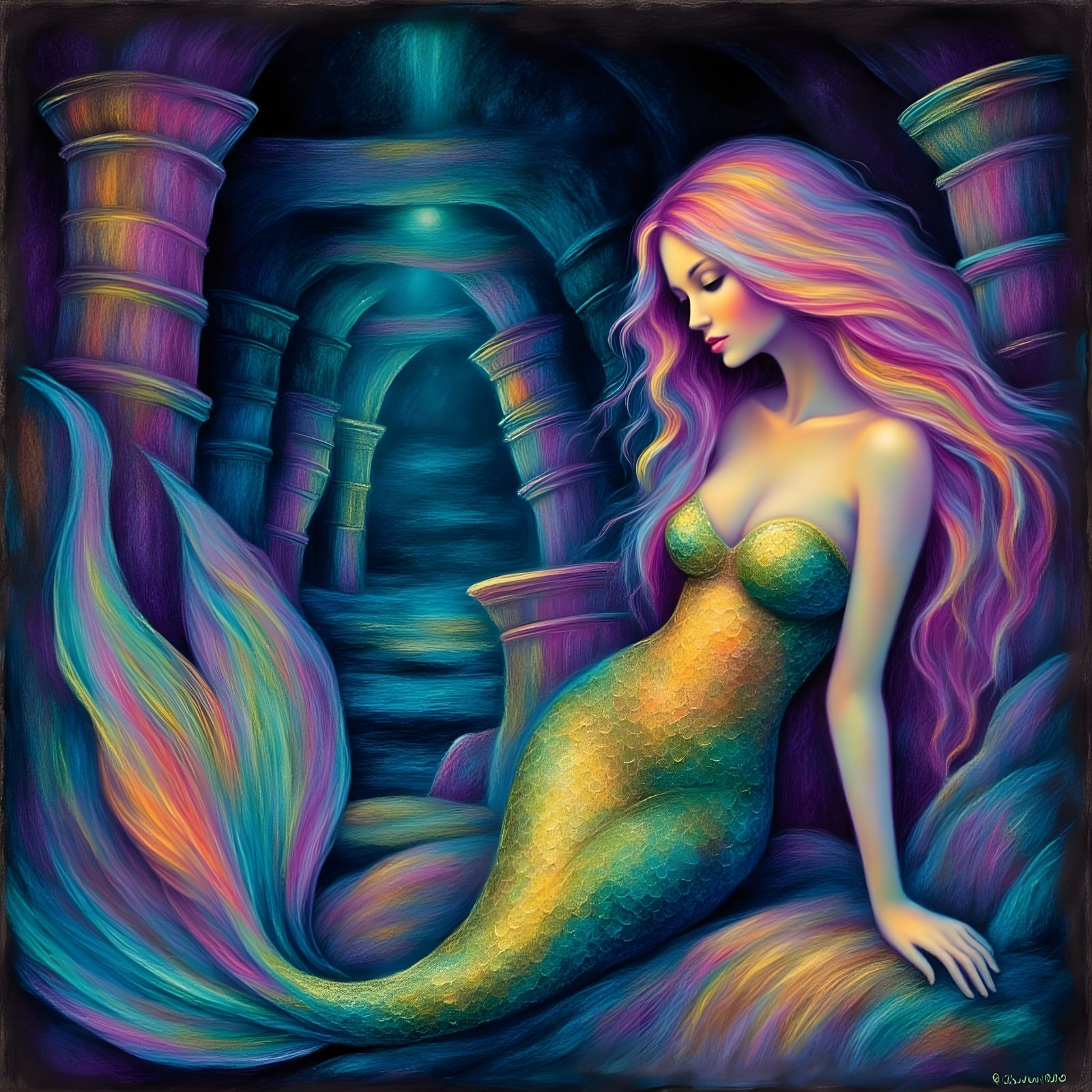 Mystical Mermaid in Celtic Ruins Neon Chalk Painting