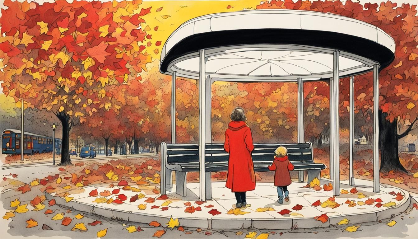 Autumn Evening Bus Stop: Moebius Ink Drawing