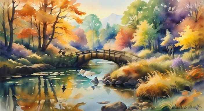 Vibrant Autumn Woodland Scene in Watercolor Style