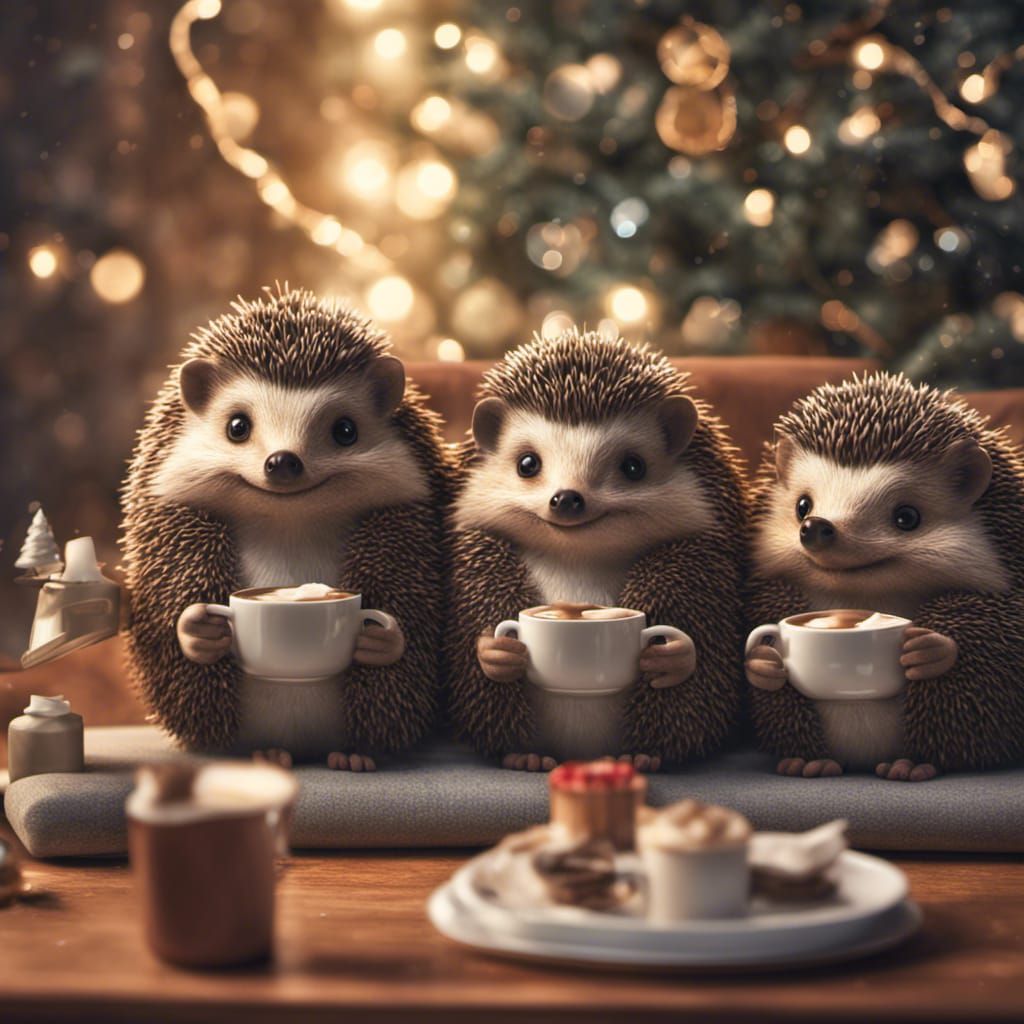 Cartoon Hedgehogs Celebrate Christmas with Hot Cocoa