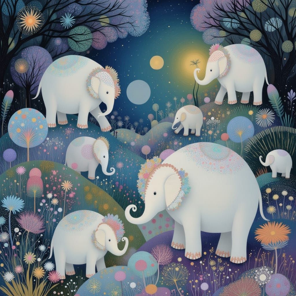 Surreal Dreamscape with Floating Elephants