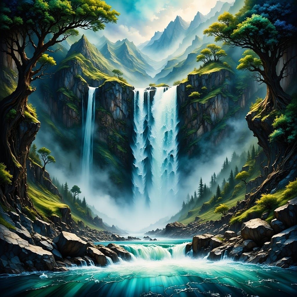 Majestic Waterfall in Hyperrealistic Landscape Photography