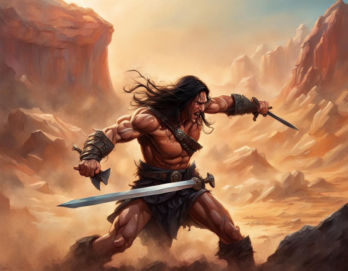 Conan the Barbarian Desert Fight: Hyperrealistic Splash Art