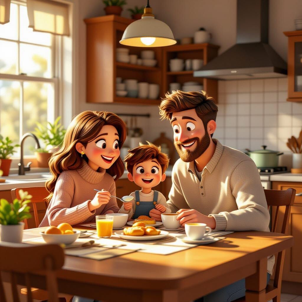 Happy Family Breakfast in Pixar-Inspired 3D Style