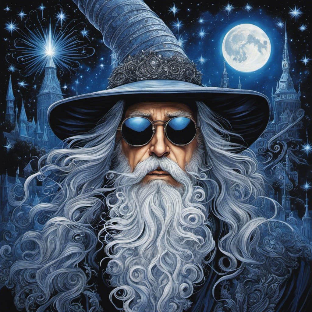 Gothic Wizard Amidst Starry Fireworks