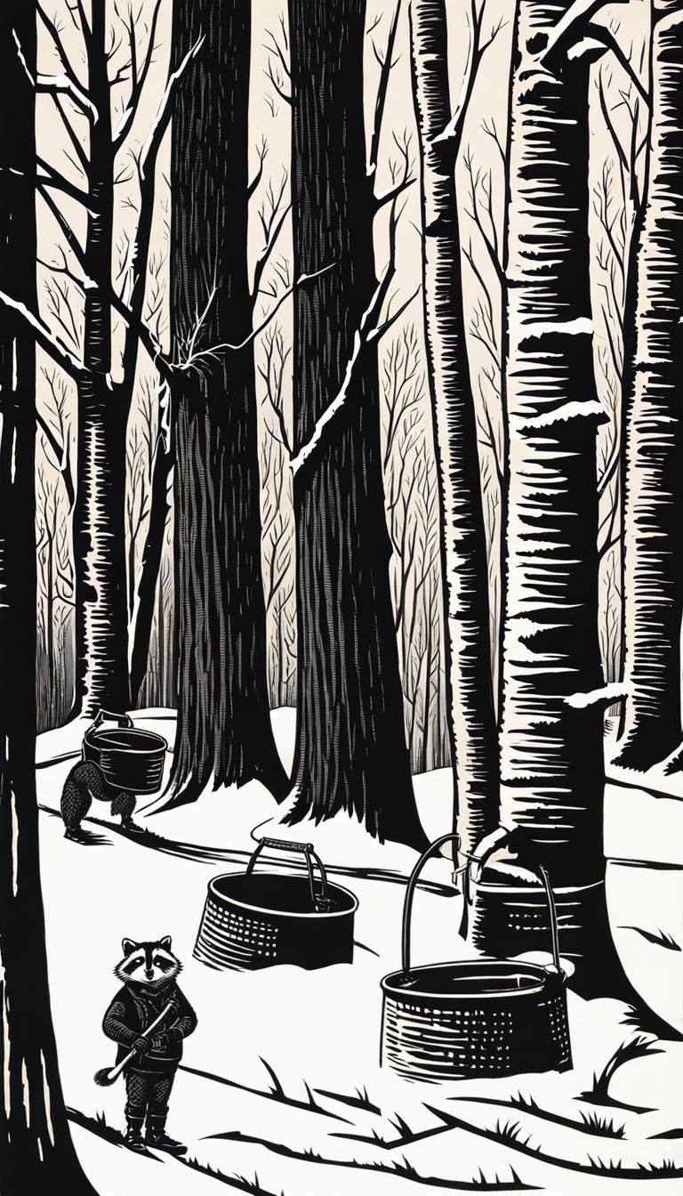 Vermont Maple Sugaring Scene in Woodcut Style