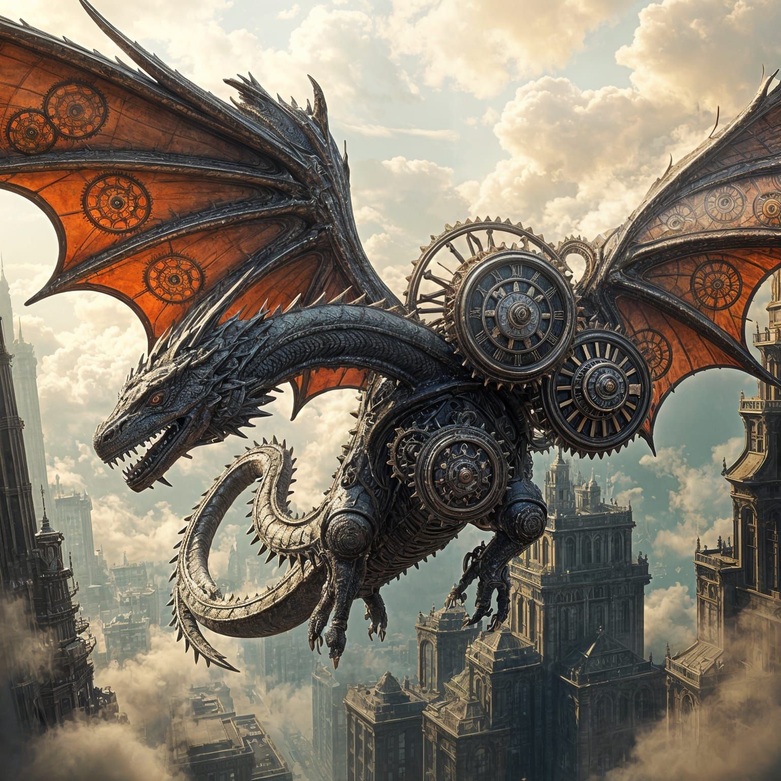 Steampunk Dragon Soaring Through Clockwork City