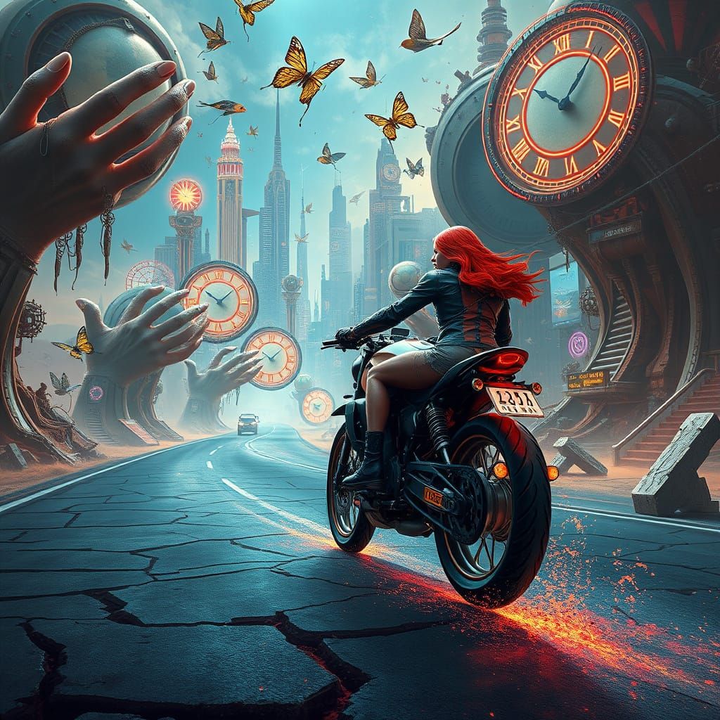 Cybernetic Woman Rides Biomechanical Motorcycle in Surreal D...