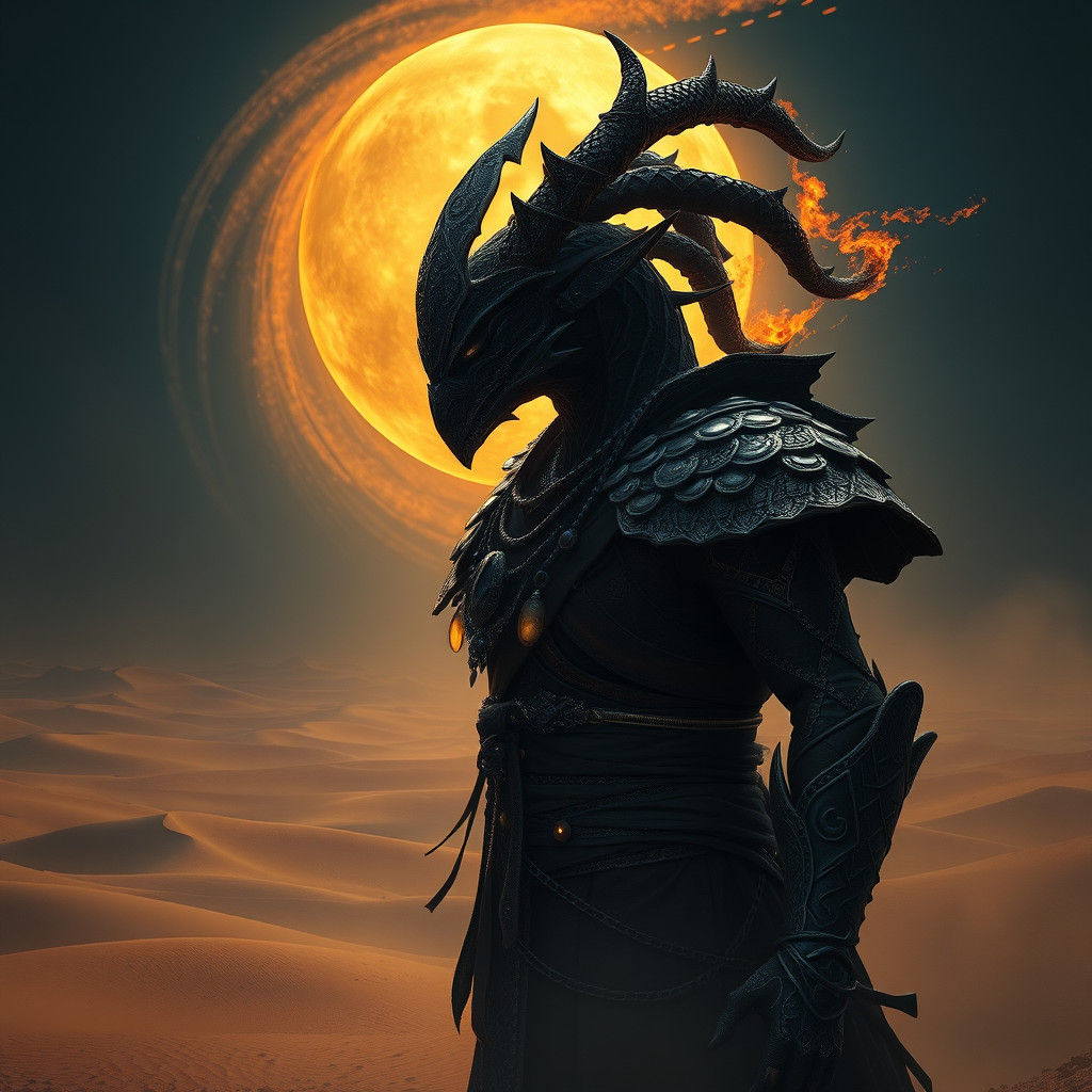 Mystic Djinn Chacal in Moonlit Desert Landscape