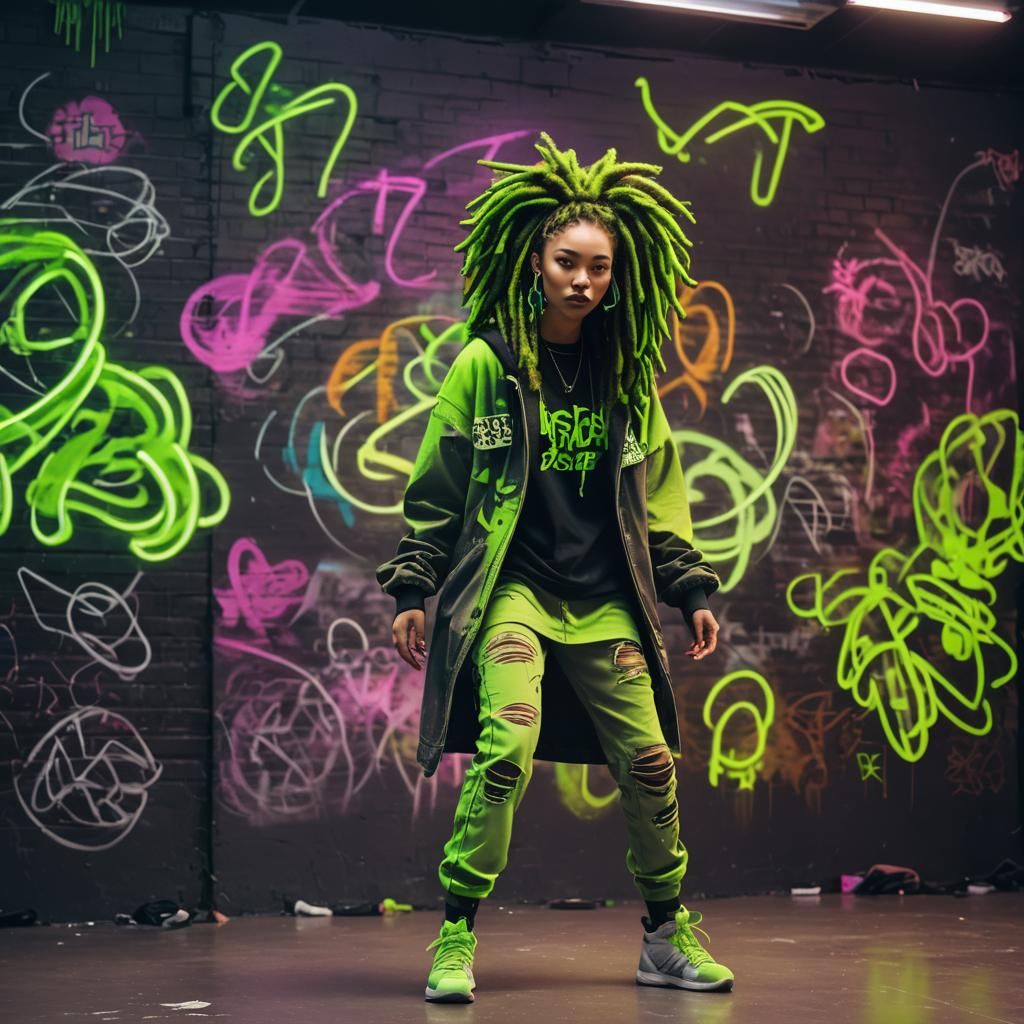Neon Dreads Girl in Hip Hop Studio: Fantasy Art