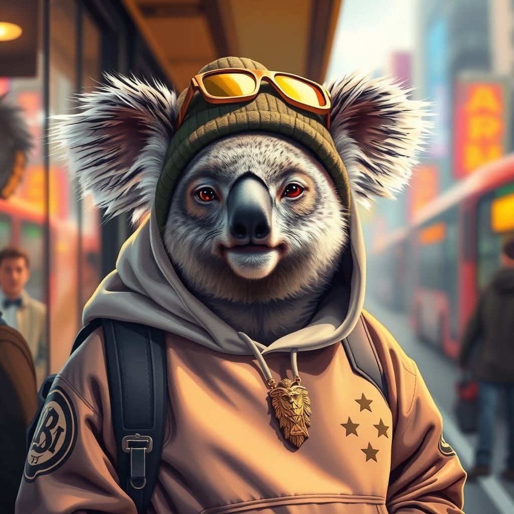 Fashionable Koala Awaits Bus in City Streets, Exuding High-E...