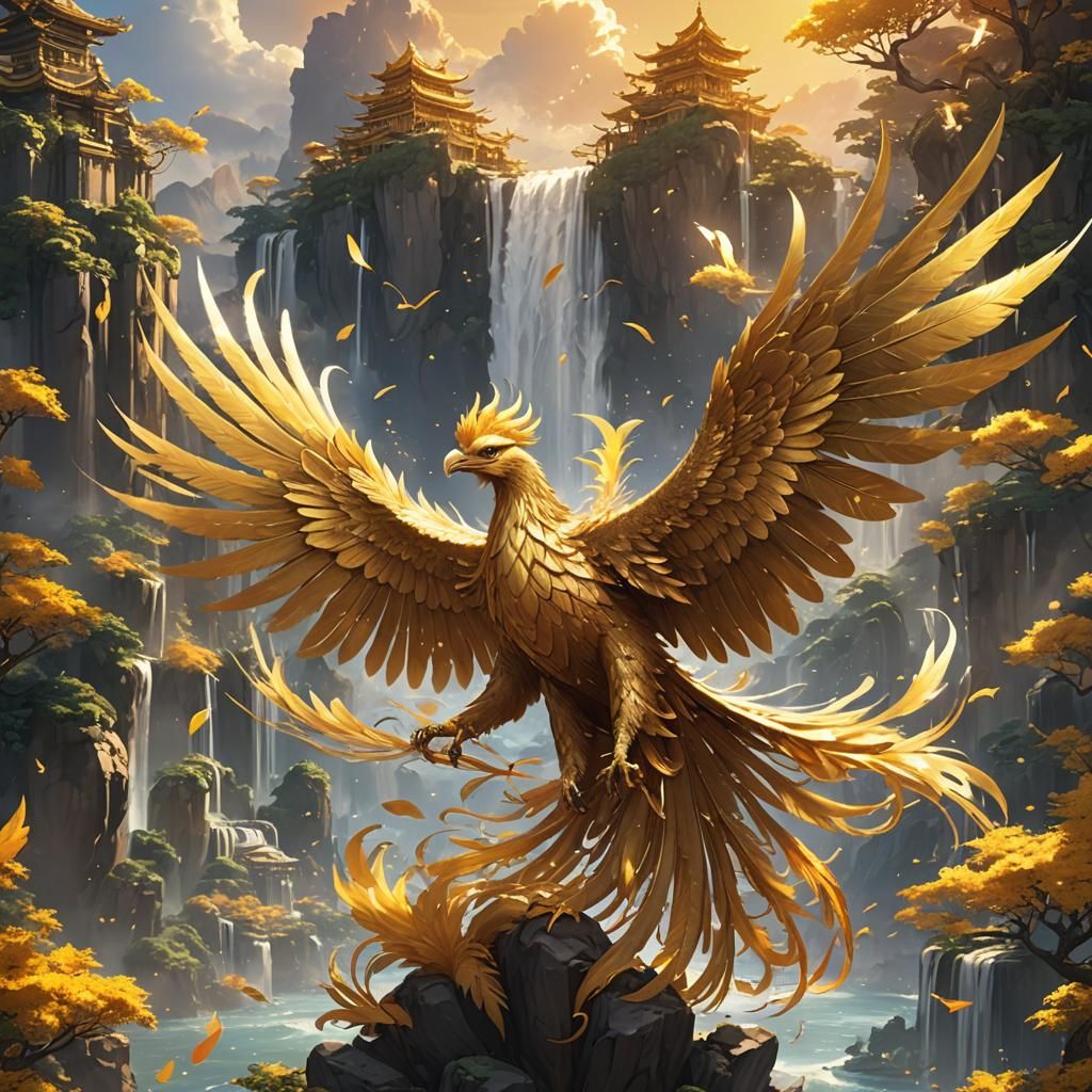 Golden Phoenix Soaring Through Golden Islands