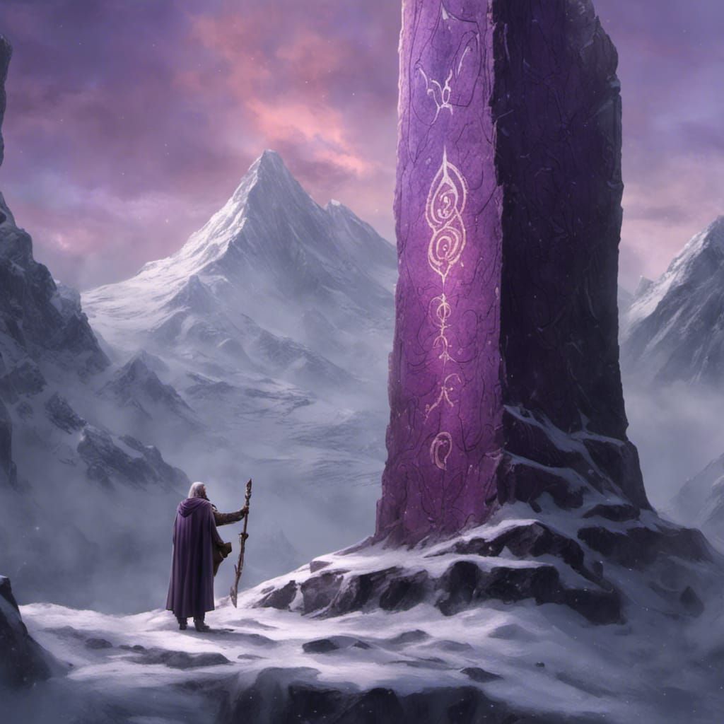 Cleric and Ancient Runestone on Snowy Mountain