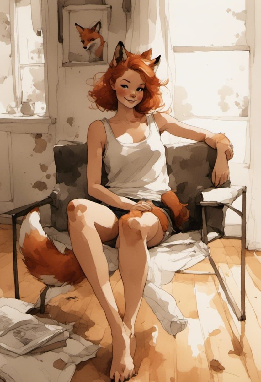 Fox-girl Vixen Sitting in a chair, her legs crossed.