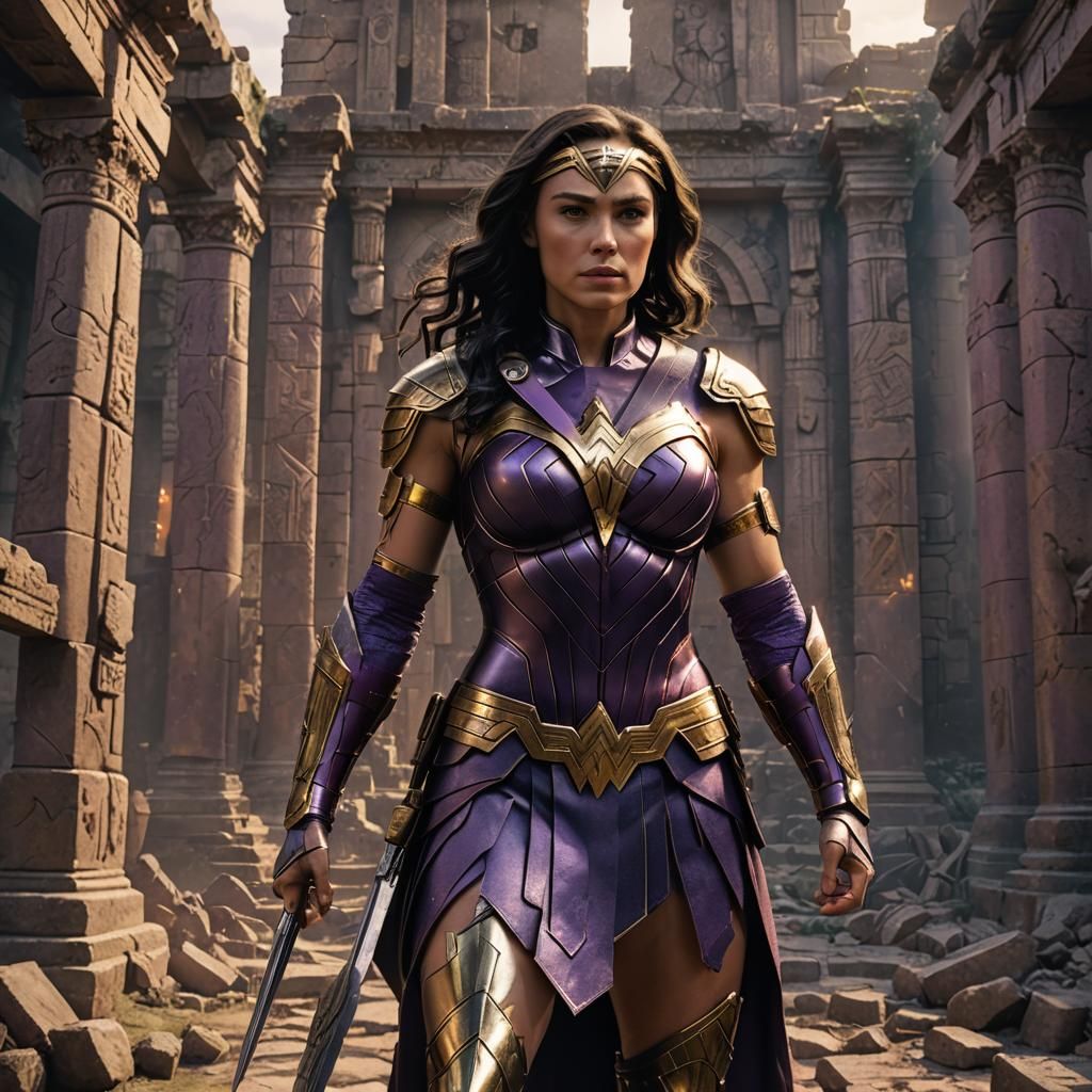Wonder Woman in Purple Armor Amidst Ruins