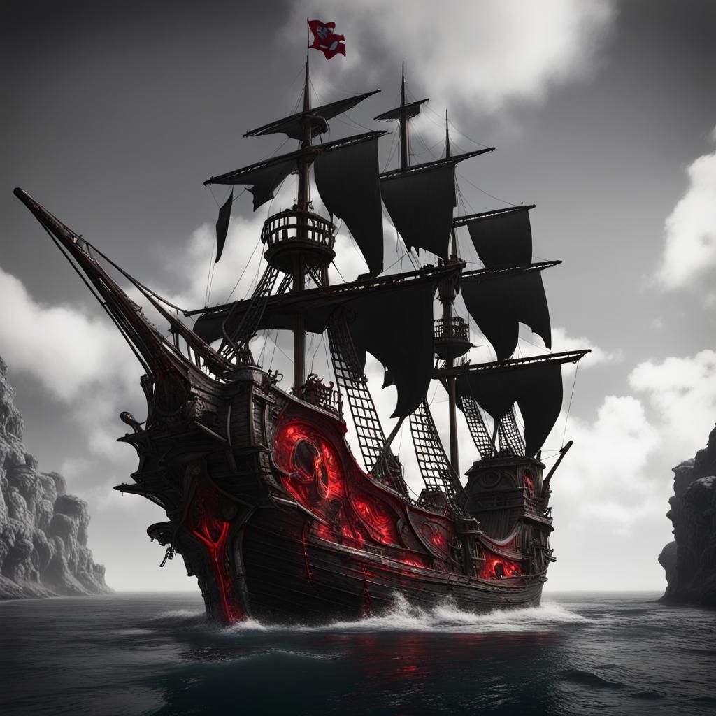 Pirate Ship in Black and White with Red Splash
