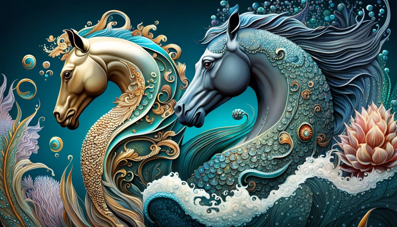 Hippocampus and Kelpie in a Lotus Flower Splash