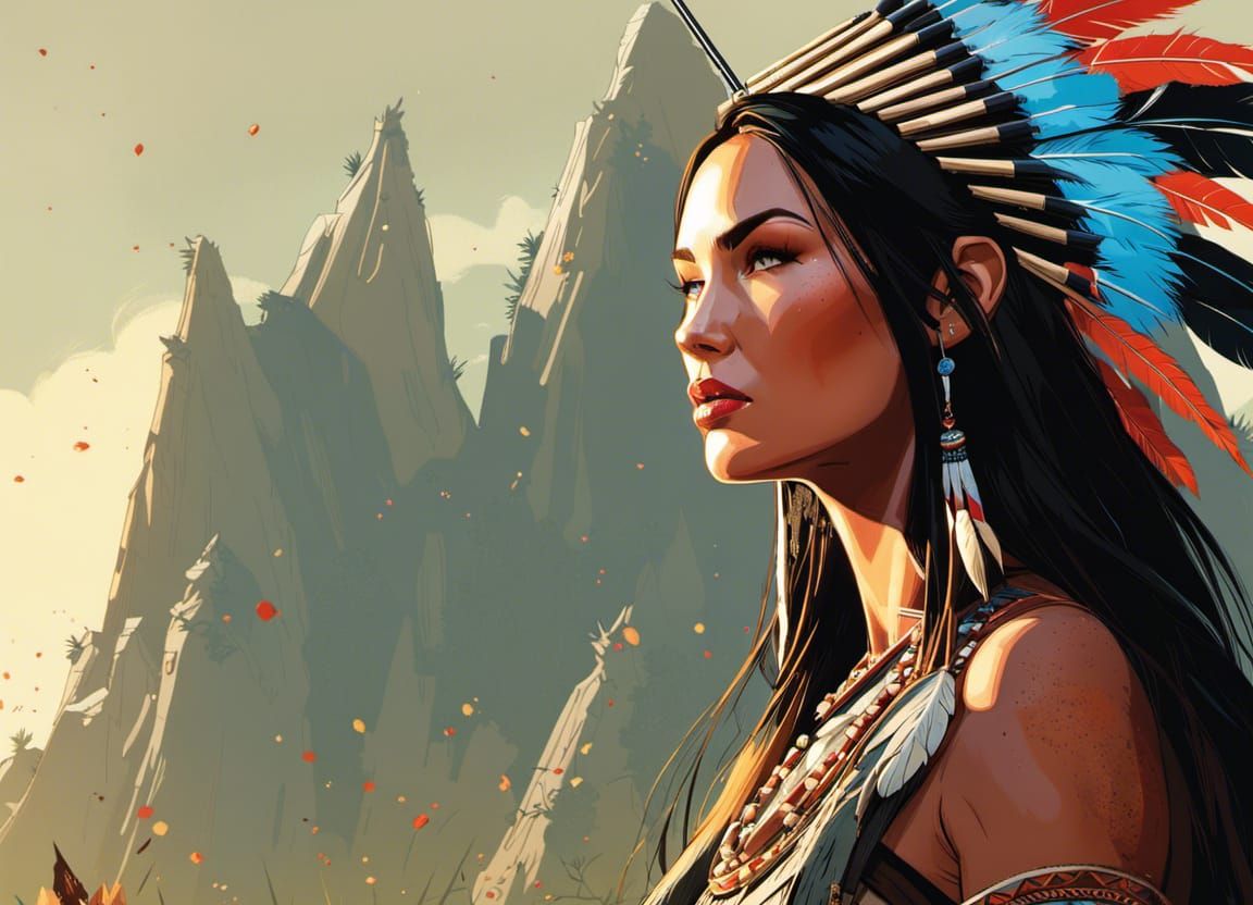 Woman in Feather Headdress and Wigwam