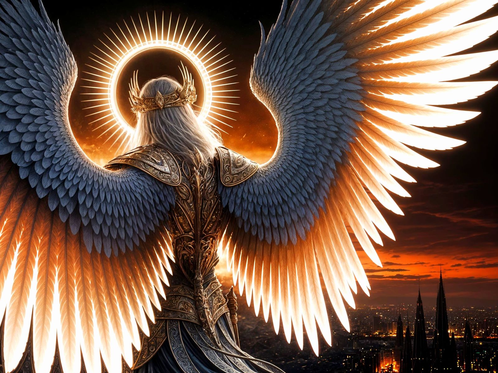 Radiant Archangel Paladin Over Hellish Cityscape