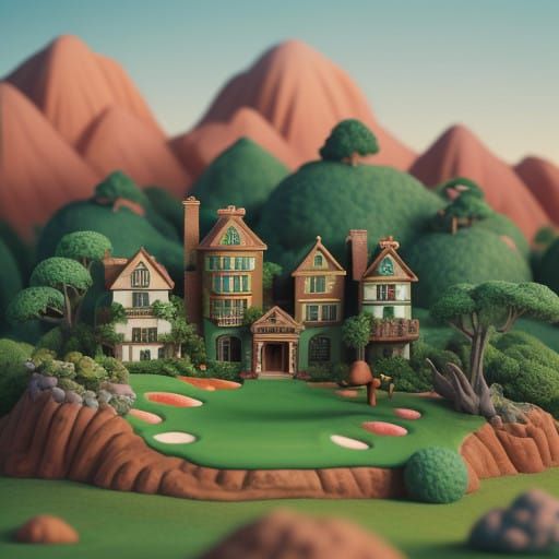 Whimsical Claymation Golf Scene with Terracotta-Hued Charact...