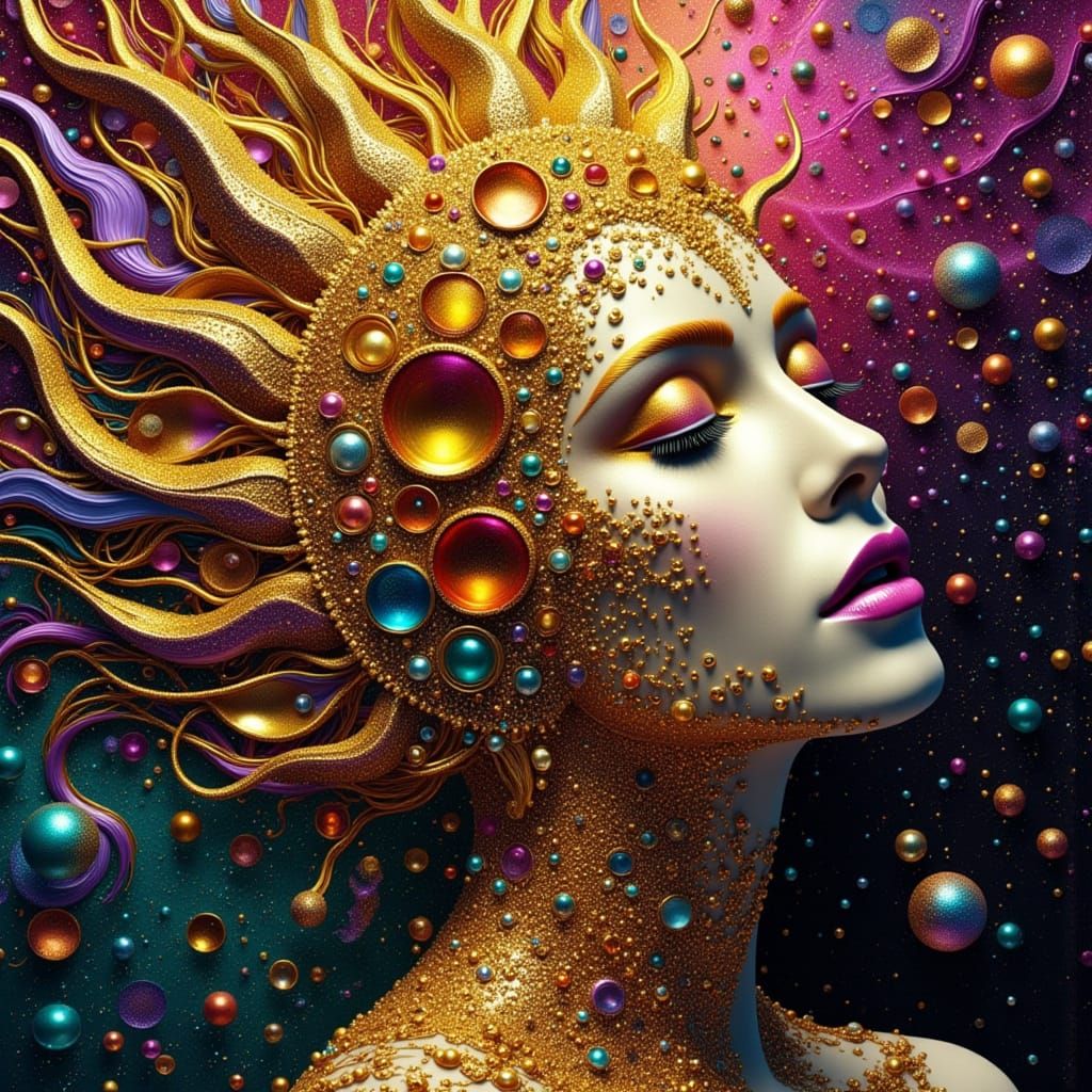 Pointillist Sun Goddess Dissolving into Holograms