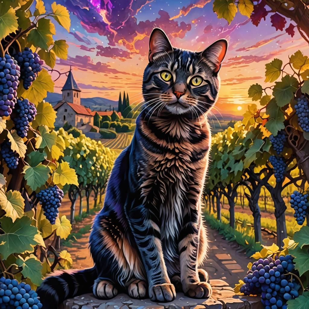 Tabby Cat in Vineyard: Cosmic Illustration by Amaringo